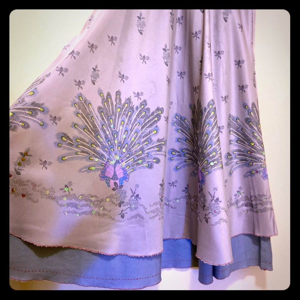 Lavender silk skirt with peacock detailing- Anthro